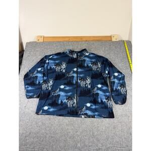 Vintage Sweater Mens XL Blue Wolf Pack Aop Full Zip Fleece Winter Scene